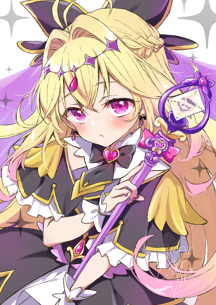 1girl antenna_hair black_bow black_capelet black_dress blonde_hair blush bow braid brooch capelet crossed_bangs cure_arcana_shadow diamond_hairband dot_nose dress earrings fingernails gradient_hair hair_bow hair_intakes heart heart_brooch highres holding holding_staff jewelry kuune_rin layered_dress long_hair looking_at_viewer magical_girl meitantei_precure! moria_luluka multicolored_hair parted_lips pink_hair precure purple_eyes purple_nails purple_veil simple_background solo staff tear_arcana_rod upper_body veil white_background white_wrist_cuffs wrist_cuffs