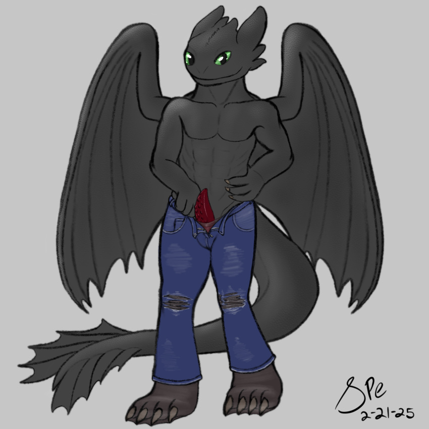 1:1 2025 4_fingers 4_toes abs anthro anthrofied big_tail black_body black_scales blue_bottomwear blue_clothing blue_jeans blue_pants bottomwear claws clothed clothing dated denim denim_bottomwear denim_clothing digital_drawing_(artwork) digital_media_(artwork) dragon dreamworks erection european_mythology feet fin finger_claws fingers front_view full-length_portrait fury_(httyd) genitals green_eyes grey_background hi_res horn how_to_train_your_dragon jeans legwear long_tail looking_at_viewer male male_anthro membrane_(anatomy) membranous_wings muscular muscular_anthro muscular_male mythological_creature mythological_scalie mythology night_fury open_bottomwear open_clothing open_jeans open_pants pants pantyhose pecs penis portrait procreate_(artwork) red_penis scales scalie signature simple_background sketch smile solo spe tail tail_fin tapering_penis tapering_tail thick_tail toe_claws toes toothless topless topless_anthro topless_male torn_bottomwear torn_clothing torn_jeans torn_pants western_dragon wings