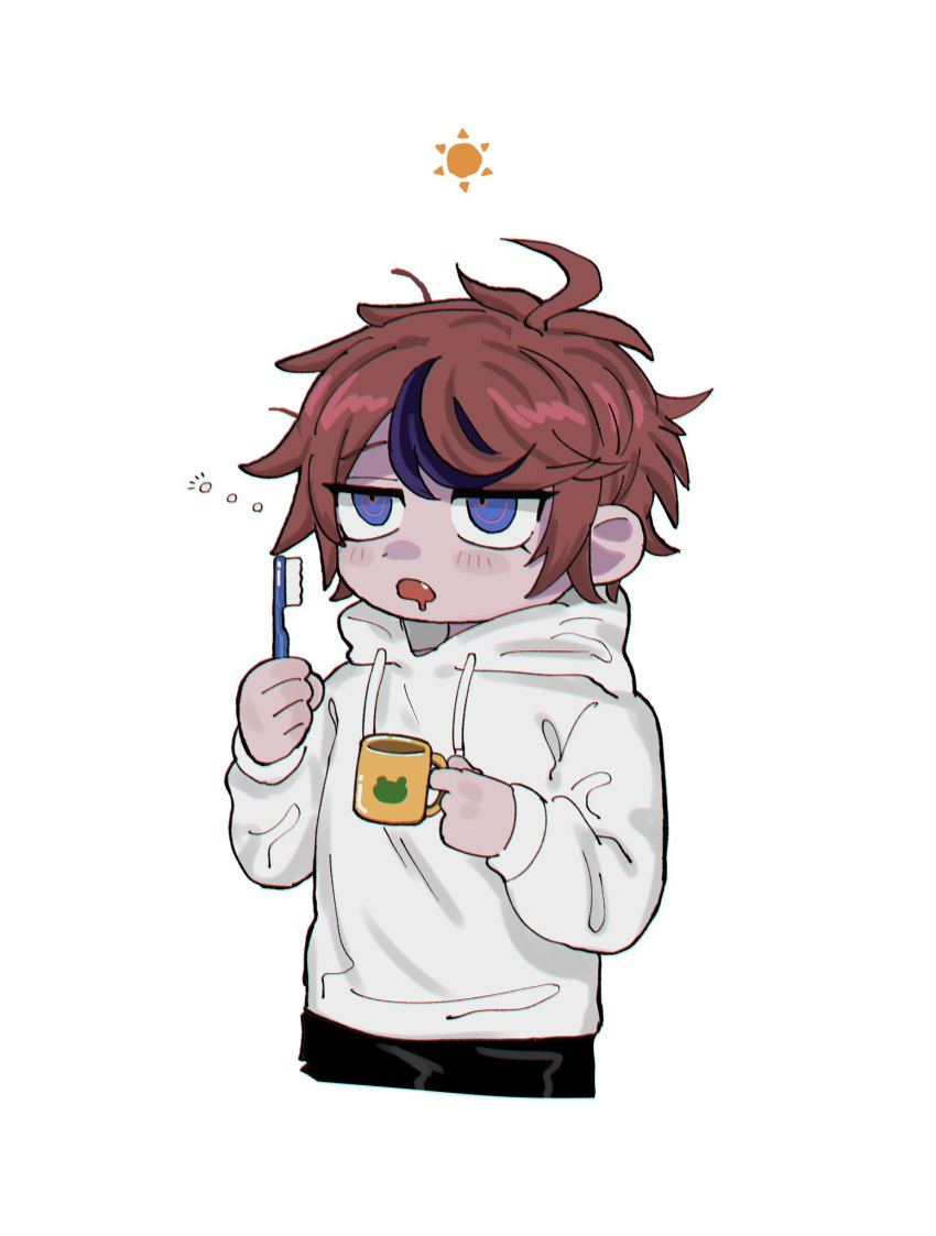 1boy ahoge black_streaks blue_eyes commentary cropped_legs cup deformed drooling half-closed_eyes highres holding holding_cup holding_toothbrush hood hoodie male_focus mouth_drool mug multicolored_hair muro_(nrvc5252) no_jacket open_mouth red_hair short_hair solo squeans streaked_hair sumino_takumi sun the_hundred_line_-last_defense_academy- toothbrush two-tone_hair white_hoodie
