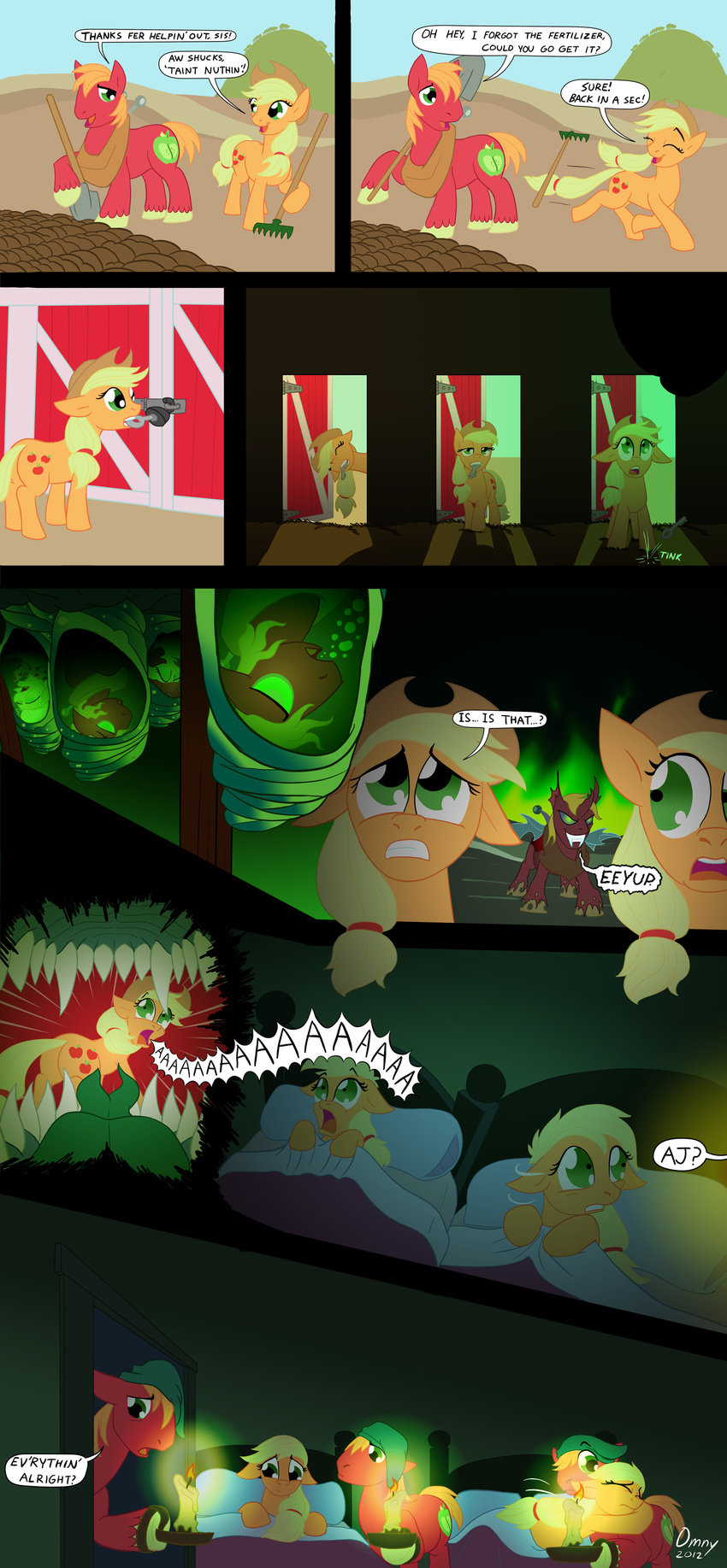 applejack_(mlp) bed big_macintosh_(mlp) blonde_hair bubbles candle candlestick changeling cocoon comic cowboy_hat cutie_mark dialogue dream english_text equine fangs farm female field fire friendship_is_magic glowing glowing_eyes green_eyes hair hat horse hug key lock male my_little_pony nightcap nightmare omny87 pony rake scared shovel