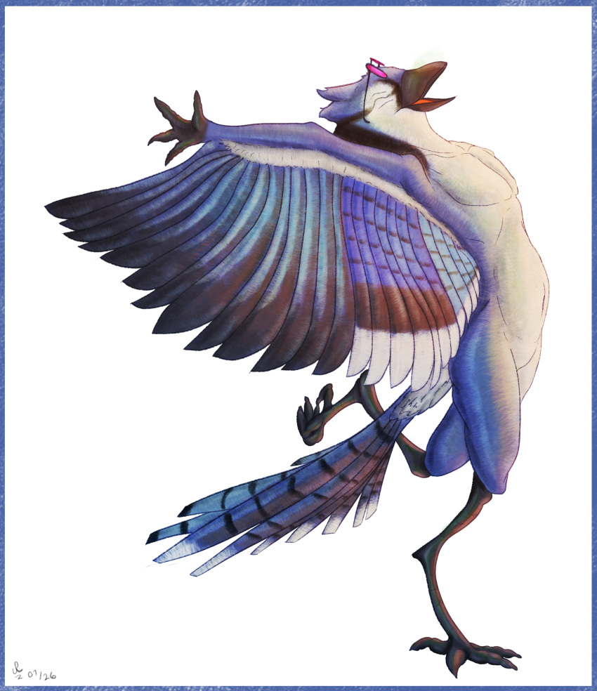 absurd_res ambiguous_gender animal_humanoid anthro avian avian_humanoid beak bird blue_jay corvid digitigrade eyes_closed eyewear eyewear_on_head feathered_crest feathers feet female glasses glasses_on_head head_crest hi_res humanoid jay_(bird) leaning leaning_backward navel new_world_jay nude on_one_leg open_beak open_hand open_mouth oscine passerine pose raised_arm solo spread_wings standing tail tail_feathers talon_hands talons toes united_patriots wings