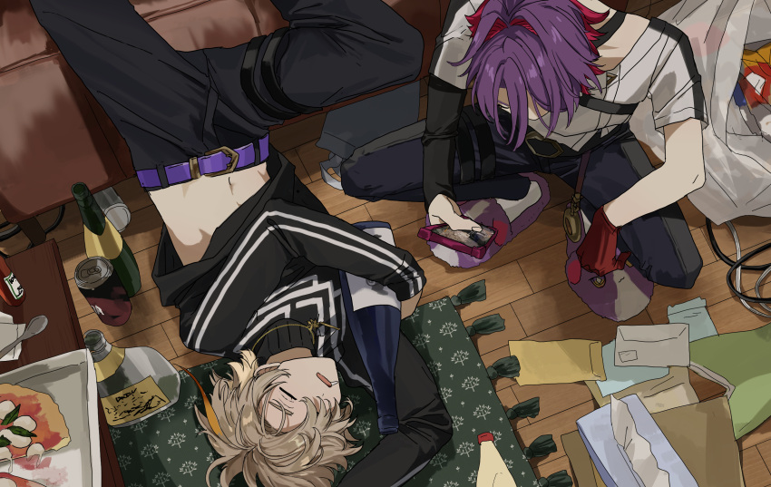 2boys alcohol belt blonde_hair colored_inner_hair fura_kanato gloves highres holding holding_phone indoors lying male_focus matsuhago midriff multicolored_hair multiple_boys nijisanji on_back on_floor pants phone purple_hair rug shirt short_hair squatting taking_picture trash_bag turtleneck two-tone_hair virtual_youtuber watarai_hibari white_shirt