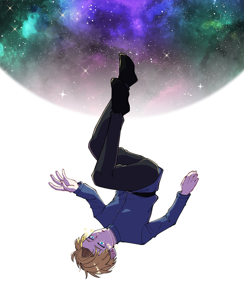 1boy absurdres belt black_pants black_shoes blonde_hair blue_eyes blue_jacket buttons chi.:_chikyuu_no_undou_ni_tsuite commentary_request falling highres jacket long_sleeves male_focus pants rafal_(chi.) shoes short_hair simple_background sky solo star_(sky) starry_sky suzuki_sopo upside-down white_background