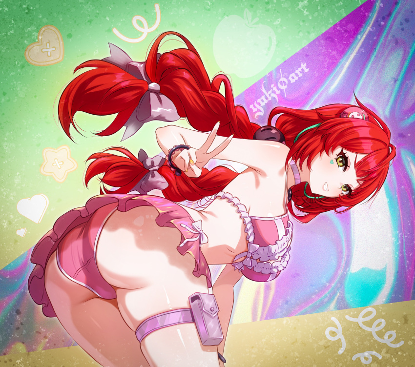1girl ahoge artist_name ass bent_over bikini bikini_skirt bow bracelet braid braided_twintails breasts choker facial_mark frilled_bikini frills from_behind green_eyes grin hair_bow hair_ornament heart heart_facial_mark highres holster jewelry long_hair looking_at_viewer looking_back medium_breasts miniskirt paid_reward_available pink_bikini pink_bow pink_choker pink_skirt red_hair skindentation skirt smile smirk solo sphere_hair_ornament swimsuit thigh_holster ukinami_yuzuha v v-shaped_eyebrows very_long_hair yellow_nails yuki0_art zenless_zone_zero