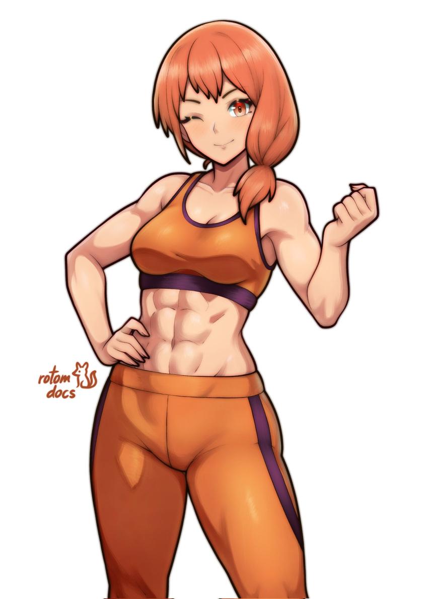 1girl abs bare_arms bare_shoulders clenched_hand commission crop_top dark-skinned_female dark_skin fire_emblem fire_emblem:_three_houses hand_on_own_hip highres ko-fi_commission leonie_pinelli leonie_pinelli_(timeskip) muscular muscular_female one_eye_closed orange_eyes orange_hair orange_pants orange_sports_bra pants rotomdocs smile sports_bra