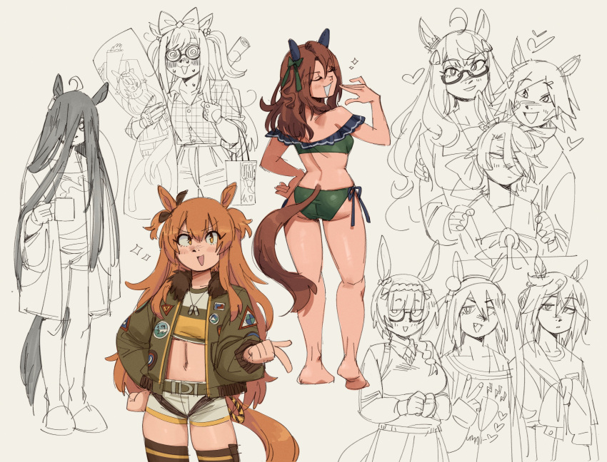 6+girls :d @_@ absurdres agnes_digital_(umamusume) animal_ears ass back bag barefoot belt bespectacled bikini biwa_hayahide_(umamusume) black_bow bnw_(umamusume) bow braid brown_hair carrot_print closed_eyes coffee_mug collared_shirt commentary cropped_shirt cup dakimakura_(object) dog_tags ear_bow ear_covers english_commentary eyepatch fang food_print glasses green_belt green_jacket gutalalaman hair_between_eyes hair_bow hairband hand_on_another's_shoulder heart highres holding holding_cup holding_pillow horse_ears horse_girl horse_tail jacket king_halo_(umamusume) kneepits long_hair long_sleeves looking_at_viewer looking_back manhattan_cafe_(umamusume) mayano_top_gun_(scramble_zone)_(umamusume) mayano_top_gun_(umamusume) mug multiple_girls narita_taishin_(umamusume) navel orange_eyes orange_hair pillow round_eyewear school_uniform semi-rimless_eyewear shirt shopping_bag short_hair shorts side-tie_bikini_bottom simple_background sketch slippers smile standing stay_gold_(casual)_(umamusume) stay_gold_(umamusume) steam stomach super_creek_(umamusume) swimsuit tail tamamo_cross_(casual)_(umamusume) tamamo_cross_(umamusume) tied_jacket tracen_school_uniform umamusume under-rim_eyewear v v-shaped_eyebrows white_background white_shorts winning_ticket_(umamusume) yellow_shirt zenno_rob_roy_(casual)_(umamusume) zenno_rob_roy_(umamusume)