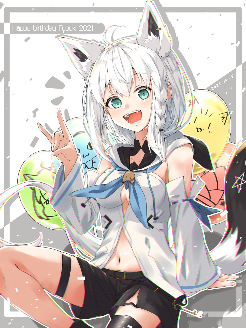 1girl absurdres animal_ear_piercing aqua_eyes black_shorts black_thighhighs commentary_request detached_sleeves fox_shadow_puppet highres hololive hood hoodie looking_at_viewer open_mouth shirakami_fubuki shirakami_fubuki_(1st_costume) shorts smile solo thigh_strap thighhighs u_da_desu virtual_youtuber white_hair white_hoodie white_sleeves