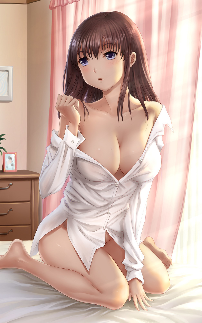 anegasaki_nene areolae barefoot blue_eyes blush breasts brown_hair cleavage dress_shirt groin highres kneeling large_breasts legs long_hair love_plus md5_mismatch mole mole_under_eye naked_shirt no_panties parted_lips see-through shirt sitting solo wariza youbou