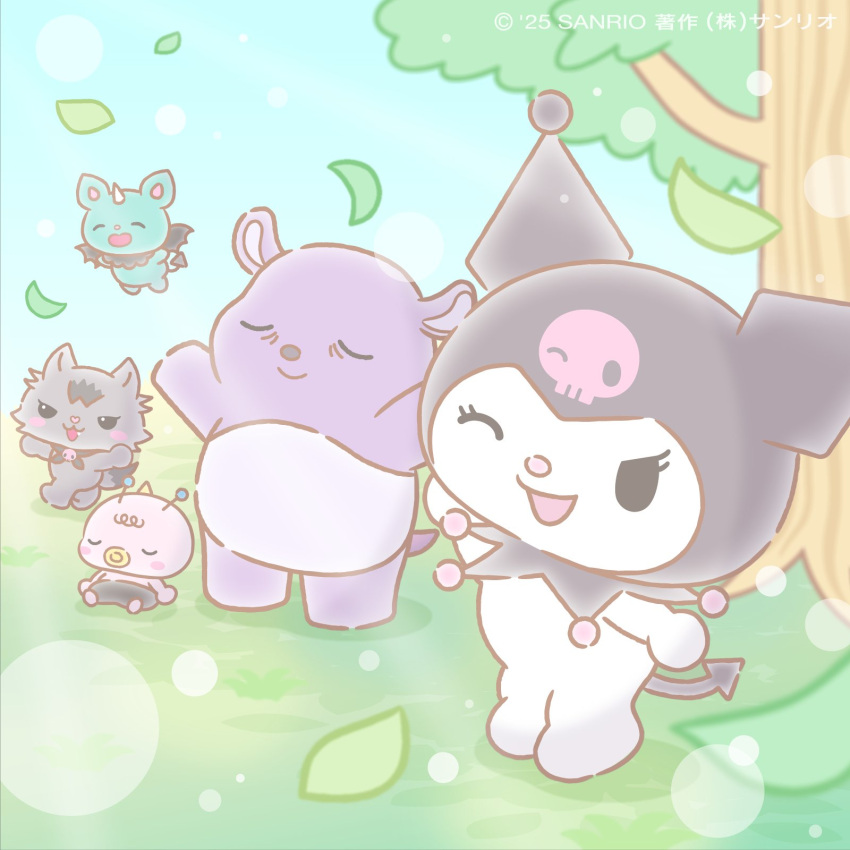 2girls 3boys ;d alien animal_ears baby baku_(onegai_my_melody) blurry blush_stickers bokeh cat_ears cat_girl cat_tail chibi chibi_only collimo commentary_request demon_tail demon_wings depth_of_field flying furry furry_female furry_male gureco_(sanrio) highres koni_(sanrio) kuromi kuromi's_pretty_journey multiple_boys multiple_girls official_art one_eye_closed onegai_my_melody pastel_colors sanrio second-party_source skull smile solid_oval_eyes tail tree wings