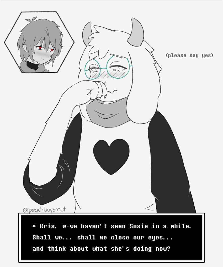 4_fingers anthro blush blush_lines bovid caprine clothing comic covering covering_mouth darkner deltarune dialogue embarrassed english_text eyewear femboy fingers fur glasses goat hi_res horn human kris_dreemurr looking_away male mammal paws peachboysmut ralsei robe scarf text undertale_(series) wearing_glasses white_body white_fur