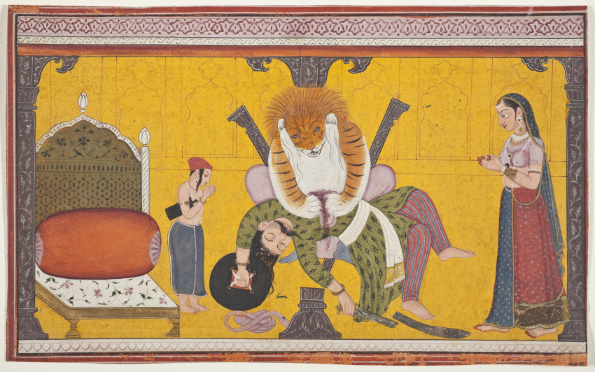 18th_century absurd_res ancient_art anthro armlet asian_mythology asura_(mythology) bindi biped black_hair blood bodily_fluids bottomwear bracelet breasts broken_sword chair clothed clothed_anthro clothed_female clothed_human clothed_male clothing crop_top crouching death deity detailed_background deva disembowelment dress ear_piercing ear_ring facial_hair father_(lore) father_and_child_(lore) father_and_son_(lore) felid female female_human fur furniture gem gore group hair hands_together headgear headwear hi_res hindu_mythology hinduism hiranyakashipu holding_melee_weapon holding_object holding_sword holding_weapon huge_filesize human indian_clothing jewelry kayadhu killing king male male_anthro male_human mammal melee_weapon mother_(lore) mother_and_child_(lore) mother_and_son_(lore) mustache mythology narasimha necklace nipples orange_body orange_fur painting_(artwork) pantherine pants parent_(lore) parent_and_child_(lore) parent_and_son_(lore) pattern_clothing pearl_(gem) pearl_bracelet pearl_necklace piercing pillar prahlada praying praying_hands prince public_domain queen regicide religion religious_clothing religious_headwear ring_piercing robe royalty saber sash shield shirt son_(lore) standing story story_in_description striped_body stripes sword throne tiger topless topless_anthro topless_human topless_male topwear traditional_media_(artwork) traditional_painting_(artwork) translucent translucent_clothing translucent_topwear turban unknown_artist veil watercolor_(artwork) weapon wristband