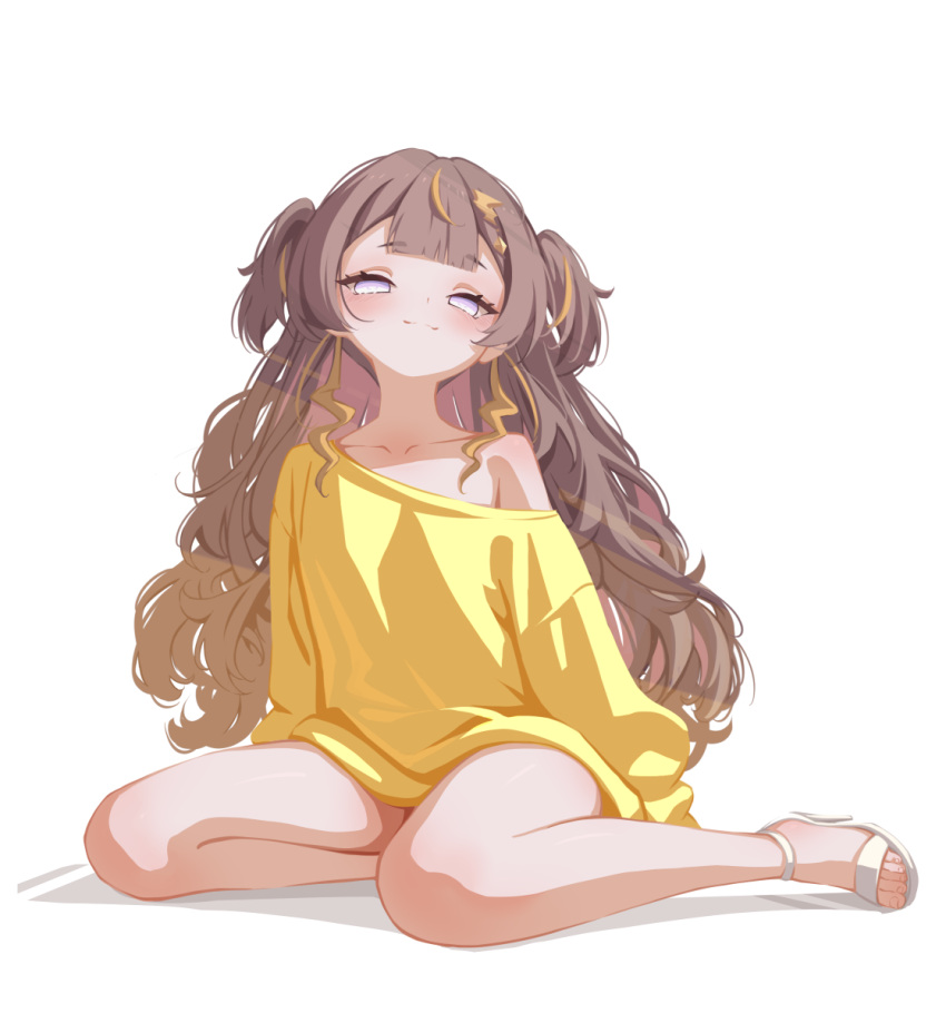 1girl alternate_costume anya_melfissa brown_hair commentary full_body highres hololive hololive_indonesia long_hair looking_at_viewer multicolored_hair off-shoulder_sweater off_shoulder purple_eyes sansha_art simple_background smile solo strappy_heels streaked_hair sweater toes two_side_up virtual_youtuber white_background