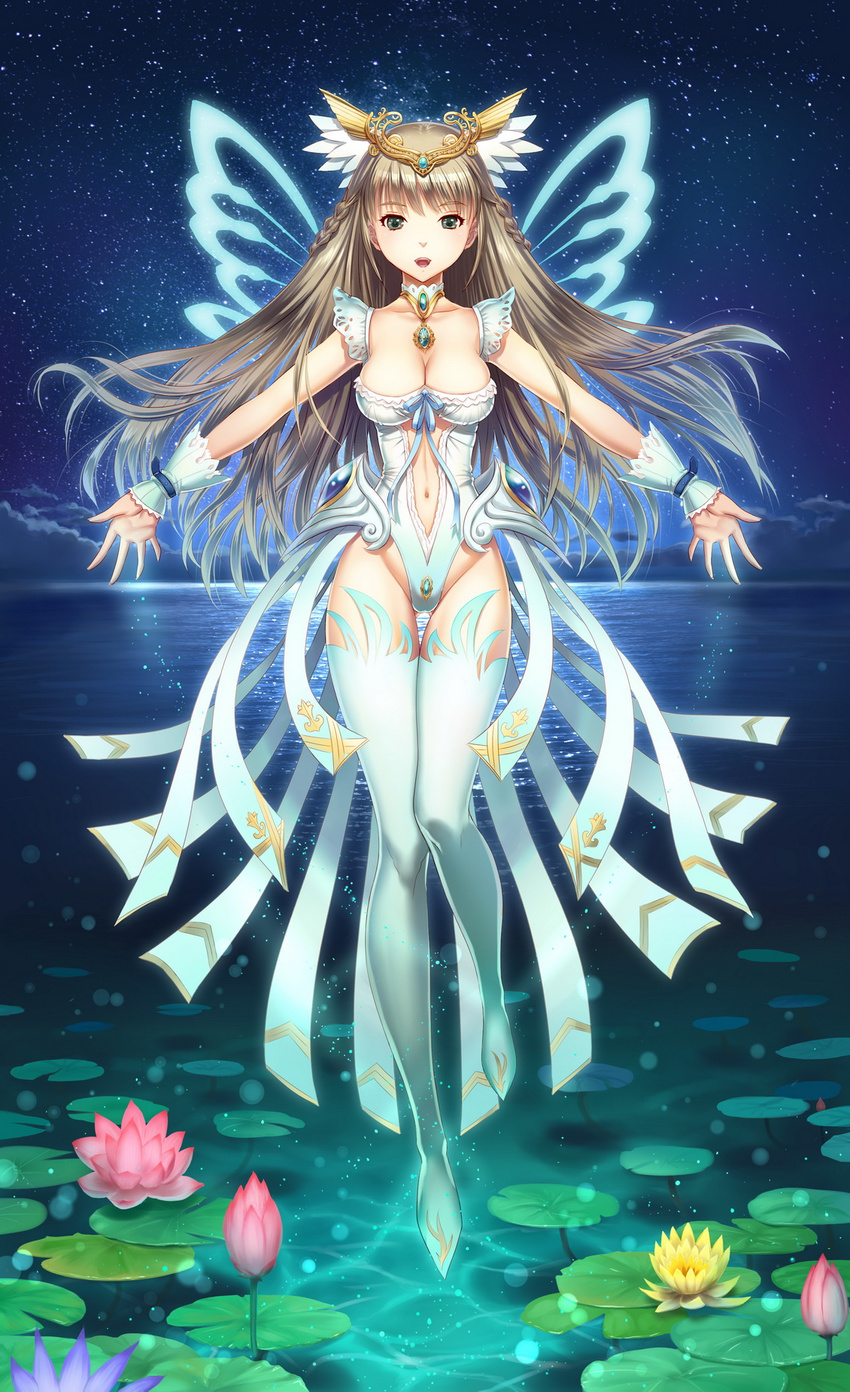 breasts choker cleavage cloud crown flower green_eyes groin highres lily_pad long_hair md5_mismatch medium_breasts navel navel_cutout night ocean open_mouth original outstretched_arms sky solo star thigh_gap thighhighs very_long_hair water white_legwear wings wrist_cuffs youbou