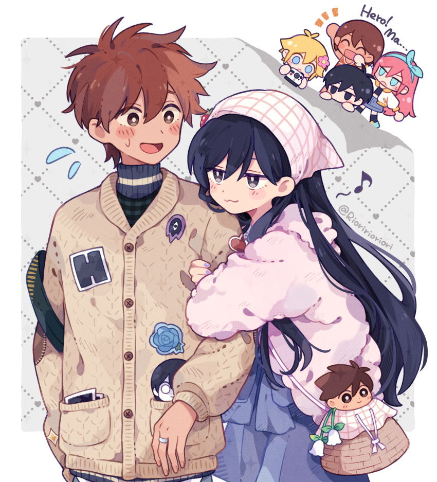 2girls 4boys :d :o ^_^ antenna_hair arm_hug arm_up aubrey_(faraway)_(omori) aubrey_(omori) bag basil_(faraway)_(omori) basil_(omori) basket black_bag black_eyes black_hair black_shirt black_socks blonde_hair blue_eyes blue_hakama blue_shorts blue_skirt blue_sweater blush border bright_pupils brother_and_sister brothers brown_cardigan brown_eyes brown_hair buttons camera cardigan character_doll character_name chibi chibi_inset closed_eyes closed_mouth commentary cowboy_shot dark-skinned_male dark_skin denim denim_skirt doll double-parted_bangs english_text eye_contact fingernails flying_sweatdrops fur_jacket grey_background hair_behind_ear hair_between_eyes hakama hakama_shorts headscarf heart hero_(birthday)_(omori) hero_(faraway)_(omori) hero_(omori) highres holding holding_camera jacket japanese_clothes jewelry jitome kel_(faraway)_(omori) kel_(omori) long_hair long_sleeves looking_at_another mari_(birthday)_(omori) mari_(faraway)_(omori) mari_(omori) mari_(spirit)_(omori) miniskirt multiple_boys multiple_girls musical_note nail_polish notice_lines official_alternate_costume omori open_clothes open_jacket open_mouth outside_border photo_(object) pink_hair pocket puffy_long_sleeves puffy_sleeves purple_nails ring rioririoriori shirt short_hair shorts shoulder_bag siblings simple_background skirt smile socks something_(omori) sparkle standing straight_hair strawberry_hat_ornament sunny_(omori) sweatdrop sweater tareme tongue turtleneck turtleneck_sweater very_long_hair very_short_hair waving white_border white_headscarf white_jacket white_pupils