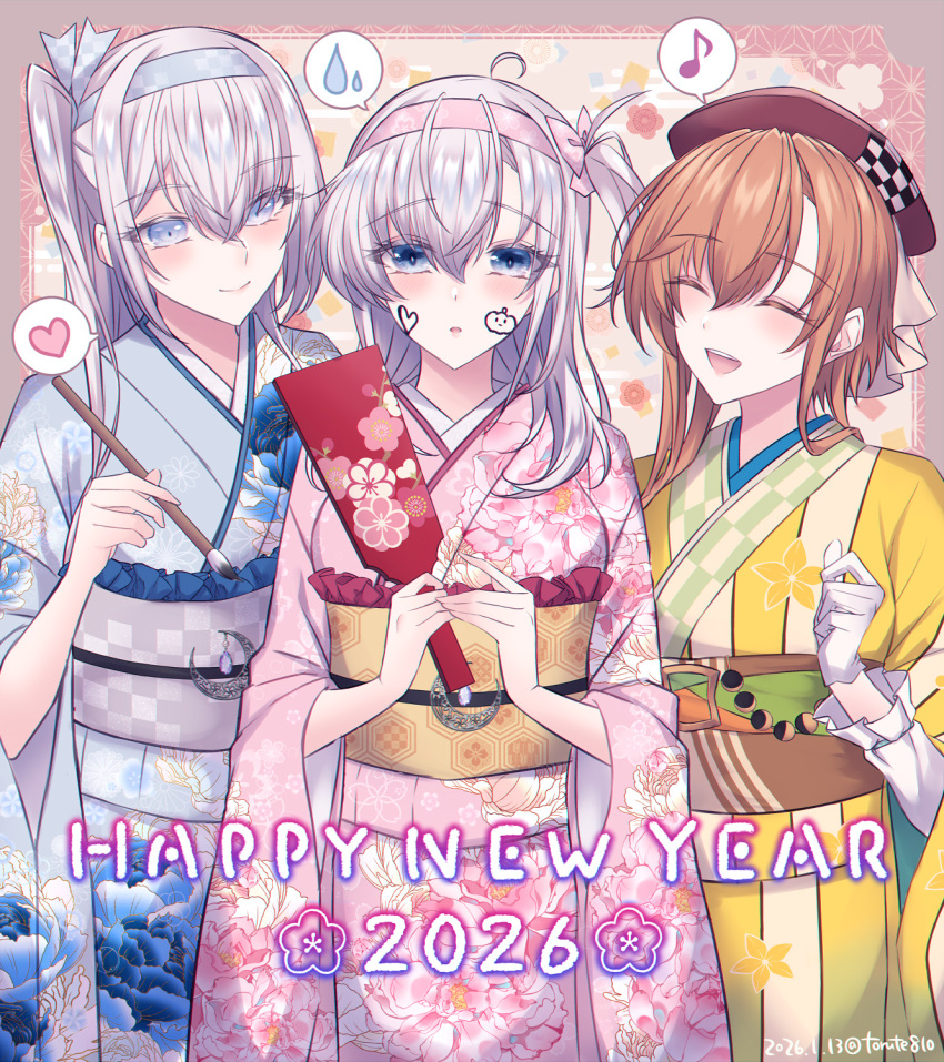 2026 3girls alternate_costume blue_eyes blue_kimono brown_hair brown_hat calligraphy_brush cowboy_shot eighth_note facepaint floral_print fuyutsuki_(kancolle) grey_eyes grey_hair hagoita happy_new_year hat headband heart highres holding holding_brush japanese_clothes kabocha_torute kantai_collection kimono long_hair multiple_girls musical_note official_alternate_costume one_side_up paddle paintbrush pink_kimono spoken_heart spoken_musical_note spoken_sweatdrop striped_clothes striped_kimono suzutsuki_(kancolle) sweatdrop teruzuki_(kancolle) teruzuki_(new_year)_(kancolle) white_headband yellow_kimono