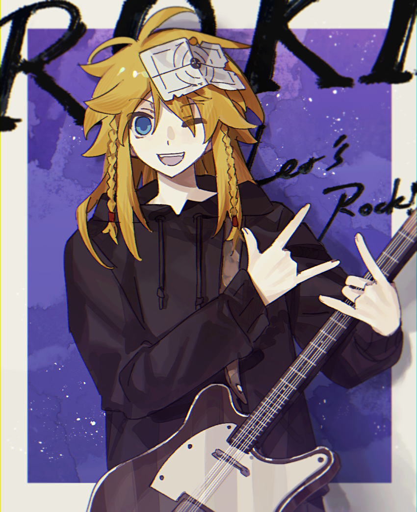 1boy ;d \m/ abstract_background alternate_costume anonymous1203 black_hoodie blonde_hair blue_eyes border braid electric_guitar epic_battle_fantasy gesture guitar highres holding holding_guitar holding_instrument hood hoodie instrument male_focus matt_(epic_battle_fantasy) one_eye_closed paper_on_head purple_background purple_sky side_braids sidelocks sky smile star_(sky) starry_sky teeth upper_teeth_only