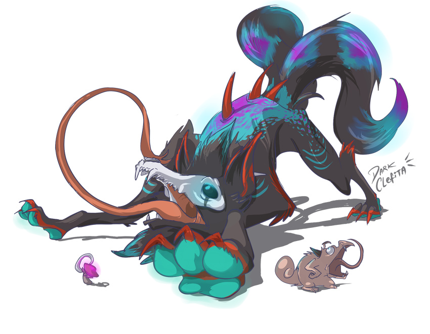 black black_fur blue_eyes canine cleffa cyan dark_clefita duo female feral fur glowing glowing_eyes horn mammal mushroom nintendo no_background plain_background pok&#233;mon pok&eacute;mon pose rhunen tongue tongue_out transparent_background two unusual video_games