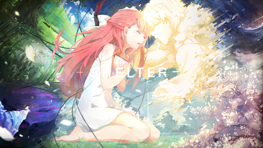 1boy 1girl a-1_pictures absurdres arm_up bare_arms bare_shoulders barefoot bow chemise cliff closed_eyes cloud commentary_request copyright_name crossed_arms crying day digital_dissolve dress falling_petals father_and_daughter foot_dangle forehead-to-forehead forest full_body fur-trimmed_hood fur-trimmed_jacket fur_trim ghost grass hair_bow half_updo hand_on_another's_head heads_together highres hood hood_down hooded_jacket hugging_object jacket kurokitsune_(float0108) light_blush light_smile long_hair multiple_views nature night on_grass on_ground outdoors parted_lips petals pink_hair pink_petals porter_robinson_(copyright) rin_(shelter) shelter_(song) shigeru_(shelter) short_dress sitting sleeveless sleeveless_dress song_name sparkle string swing tablet_pc tears tree wariza white_bow white_chemise white_dress