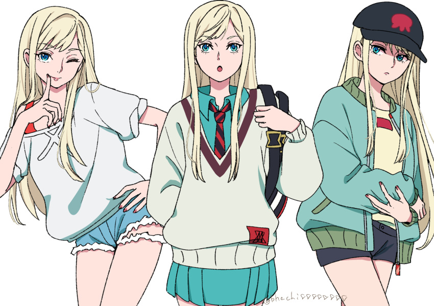 1girl amate_yuzuriha amate_yuzuriha_(cosplay) aqua_skirt artist_name bhachi88888888 black_hat black_shorts blonde_hair blue_eyes commentary_request cosplay gigi_andalusia green_jacket gundam gundam_gquuuuuux gundam_hathaway's_flash hand_on_own_hip hat highres jacket long_sleeves looking_at_viewer necktie one_eye_closed pleated_skirt puffy_long_sleeves puffy_sleeves red_nails school_uniform shorts skirt smile striped_clothes striped_necktie sweater two-tone_necktie white_background white_sweater