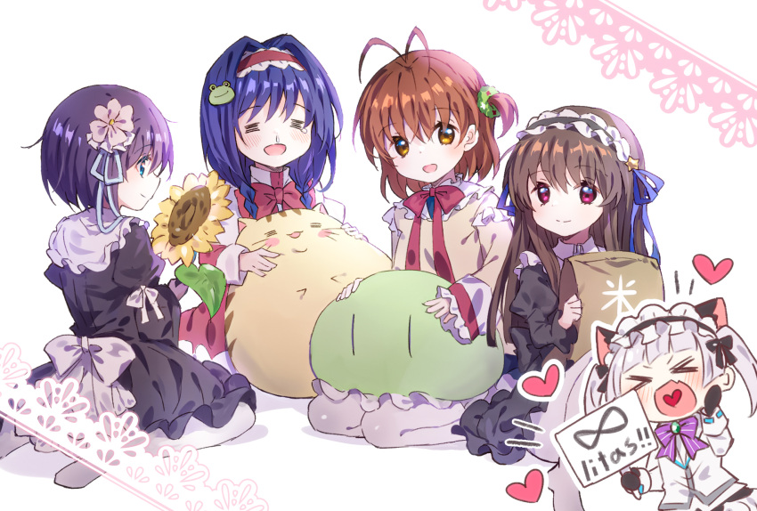 >_< 5girls :d adapted_costume air_(visual_novel) alternate_costume alternate_hairstyle antenna_hair back_bow bag black_bow black_dress black_gloves black_hair black_hairband blue_eyes blue_hair blue_ribbon blush blush_stickers bow bowtie braid brown_eyes brown_hair cat chinese_commentary clannad closed_mouth commentary_request company_connection crossover dango_daikazoku doruji dress eyelashes fang flower frilled_dress frilled_hairband frilled_shirt_collar frilled_sleeves frills frog_hair_ornament furukawa_nagisa gloves green_scrunchie grey_hair hair_between_eyes hair_bow hair_flower hair_intakes hair_ornament hair_ribbon hair_scrunchie hairband hairclip hand_up happy heart heart_in_mouth heaven_burns_red highres holding holding_bag holding_flower holding_sign juliet_sleeves kanon key_(company) knees_up konohana_lucia leaf little_busters! lliissaawwuu2 long_hair long_sleeves looking_at_viewer medium_hair minase_nayuki multiple_crossover multiple_girls neck_ribbon no_shoes notice_lines one_side_up open_mouth outline pantyhose parallel_hairclips pink_bow pink_bowtie profile puffy_sleeves red_bow red_bowtie red_dress red_eyes red_hairband red_ribbon rewrite ribbon runny_nose scrunchie shirt short_hair sign simple_background sitting skin_fang sleeve_bow sleeves_past_wrists smile snot split_mouth star_(symbol) star_hair_ornament sugawara_chie sunflower toono_minagi twin_braids twintails upper_body v-shaped_eyebrows wariza white_background white_bow white_flower white_outline white_pantyhose white_shirt wide_sleeves yellow_cat yellow_shirt |_|