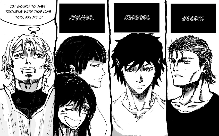 2girls 3boys ;d absurdres anvil_(shadow_slave) beard_stubble blunt_bangs bowl_cut broken_sword_(shadow_slave) clenched_teeth column_lineup commentary english_commentary english_text expressionless facial_hair furrowed_brow greyscale hair_slicked_back highres jakksaviour ki_song messy_hair monochrome multiple_boys multiple_girls one_eye_closed shadow_slave shirt short_hair sideburns smile smile_of_heaven speech_bubble stubble t-shirt teeth thought_bubble tunic