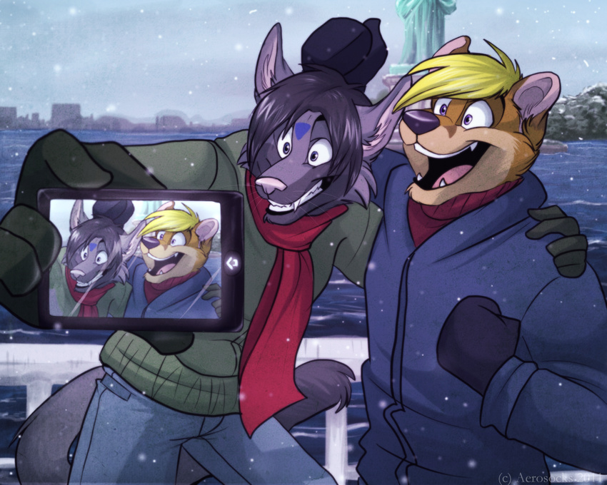 aerosocks america anthro black_hair black_nose blonde_hair blue_eyes blue_fur brown_fur camera city fur grey_fur hair male mammal markings mustelid open_mouth otter outside pink_nose pose purple_eyes sculpture selfie smile snow standing statue statue_of_liberty teeth tongue water whiskers