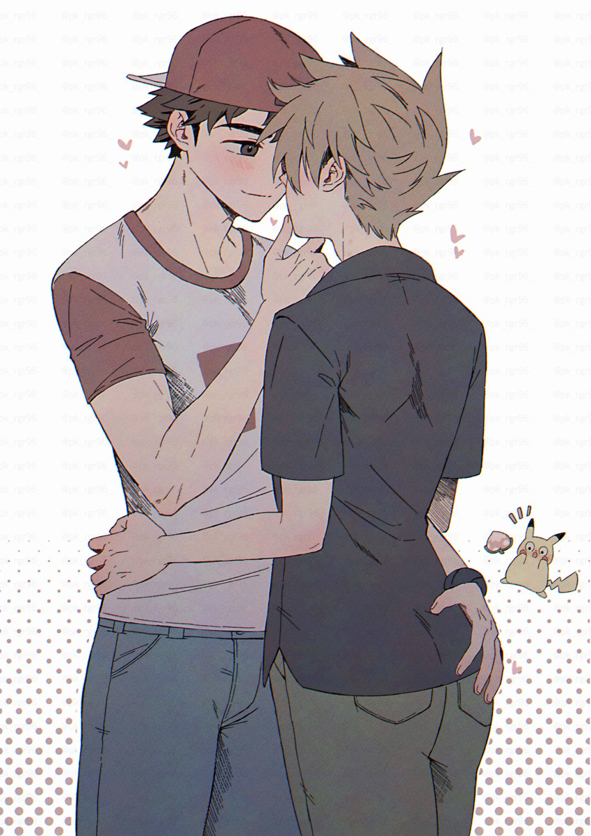 2boys arm_up backwards_hat baseball_cap ben-day_dots black_shirt blue_oak blue_pants brown_eyes brown_hair closed_mouth commentary_request crew_neck denim grey_pants hand_on_another's_ass hand_on_another's_face hand_on_another's_hip hat heart highres jeans male_focus multicolored_hair multiple_boys pants pikachu pk_rgr96 pokemon pokemon_(creature) pokemon_sm red_(pokemon) red_hat screentones shirt short_hair short_sleeves smile spiked_hair standing t-shirt two-tone_hair yaoi