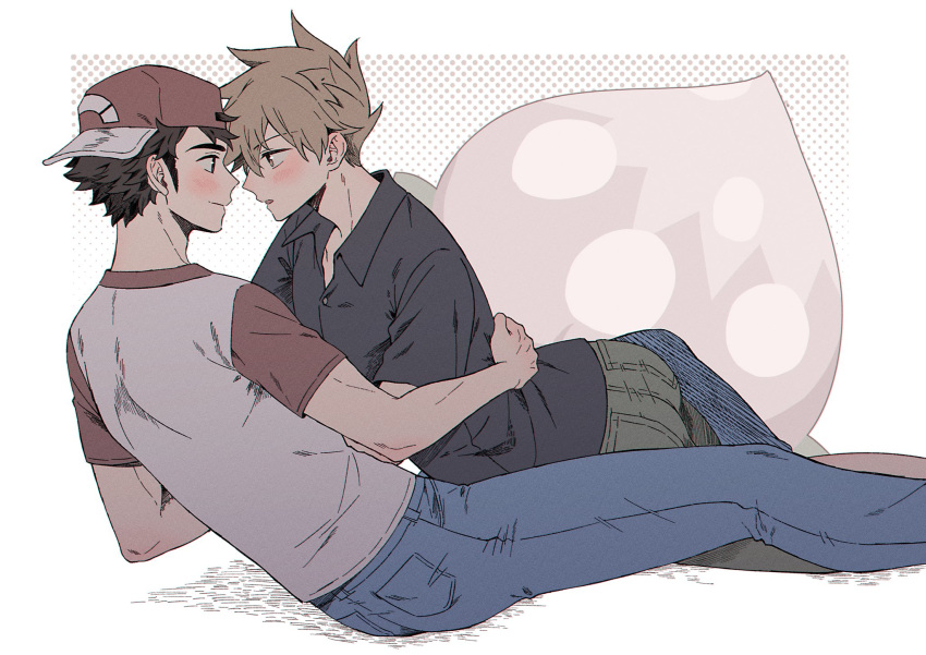 2boys arm_around_waist backwards_hat baseball_cap ben-day_dots black_shirt blue_oak blue_pants brown_eyes brown_hair closed_mouth collared_shirt crew_neck denim eye_contact feet_out_of_frame grey_pants hat highres jeans looking_at_another male_focus multicolored_hair multiple_boys open_collar open_mouth pants parted_bangs pk_rgr96 pokemon pokemon_sm red_(pokemon) red_hat screentones shirt short_hair short_sleeves sideburns smile spiked_hair t-shirt two-tone_hair two-tone_shirt wing_collar yaoi