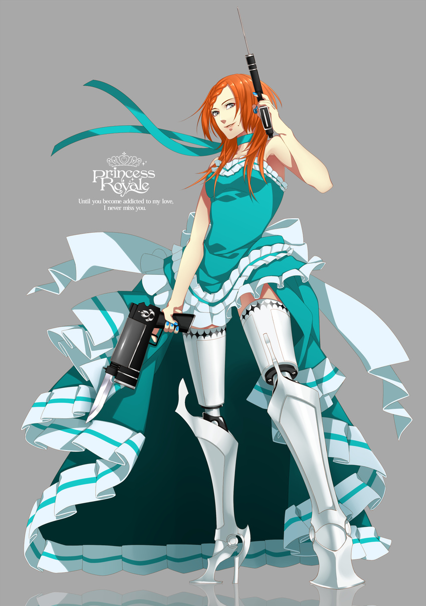 android bad_id bad_pixiv_id braid copyright_name dress english gown grey_eyes gun highres knife long_hair mole mole_under_mouth orange_hair original princess_royale solo syringe tamaki_(marginal) the_little_mermaid weapon