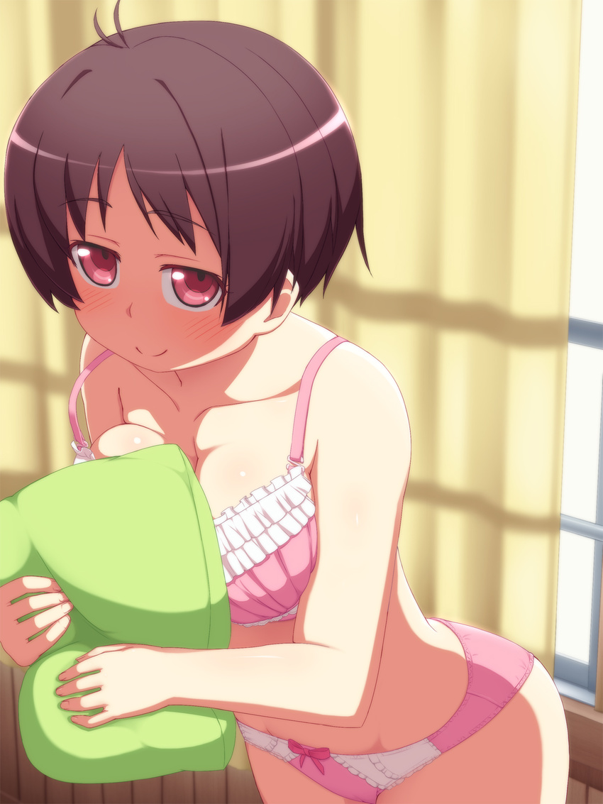 bare_shoulders black_hair blush bra breasts chuunibyou_demo_koi_ga_shitai! cleavage collarbone curtains highres holding large_breasts panties pillow pillow_hug pink_bra pink_eyes pink_panties short_hair smile solo tachimi_(basue) tsuyuri_kumin underwear underwear_only window