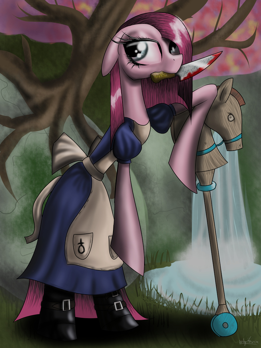 alice:_madness_returns alice_liddell american_mcgee's_alice american_mcgee's_alice anthro anthrofied blood clothing equine female friendship_is_magic hair horse knife looking_at_viewer mammal my_little_pony pink_hair pinkamena_(mlp) pinkie_pie_(mlp) pony solo wojtovix
