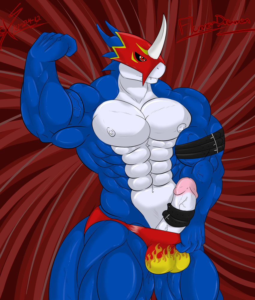 abs anthro beefy biceps big_muscles big_penis blue_skin buff digimon dragon erection fire flamedramon male muscles nipples nude pecs penis pose saixyuniz-xynz saiyuniz-xynz solo stud triceps vein