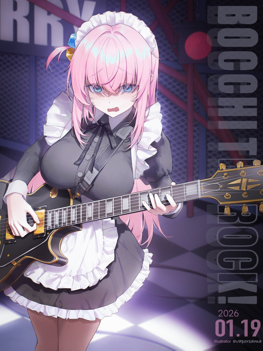 1girl absurdres apron artist_name black_dress black_ribbon blue_eyes blush bocchi_the_rock! breasts checkered_floor commission copyright_name cowboy_shot crossed_bangs cube_hair_ornament dated dress frilled_apron frilled_dress frills gotoh_hitori guitar hair_ornament highres impossible_clothes instrument juliet_sleeves large_breasts long_hair long_sleeves maid maid_apron maid_headdress music neck_ribbon pink_hair playing_guitar playing_instrument puffy_sleeves raised_inner_eyebrows ribbon shaded_face sleeve_cuffs solo vaporsama very_long_hair wavy_mouth white_apron white_dress white_headdress