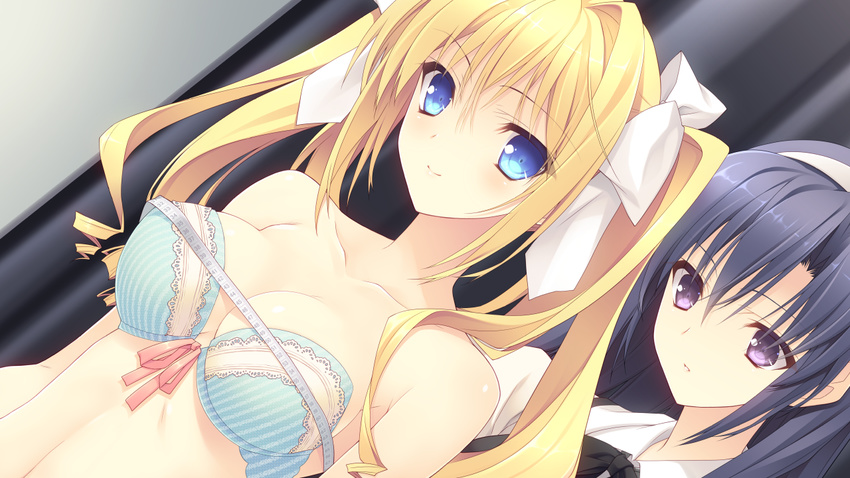 1girl black_hair blonde_hair blue_eyes bow bra bust_measuring game_cg hair_bow hairband kokura_asahi long_hair measuring non-web_source ookura_yuusei otoko_no_ko purple_eyes ribbon smile suzuhira_hiro tape_measure tsuki_ni_yorisou_otome_no_sahou twintails underwear ursule_fleur_jeanmaire