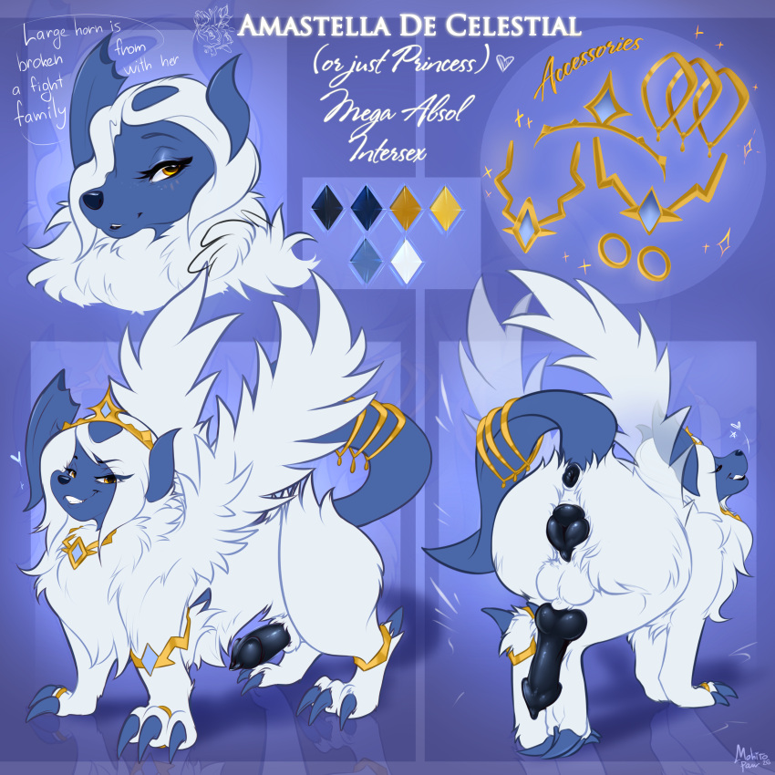 1:1 absol absurd_res animal_genitalia animal_penis animal_vulva anus butt butt_focus canid canine canine_genitalia canine_penis canine_vulva claws cookie crown english_text fan_character feral fluffy fluffy_chest fluffy_hair fluffy_tail food generation_3_pokemon generation_6_pokemon genitals hair headgear herm hi_res intersex jewelry knot knotted_penis mammal markings mega_absol mega_evolution model_sheet mohitopaw mole_(marking) neck_tuft nintendo nude pendant penis pinup pokemon pokemon_(species) pose princess raised_wings reference_image ring royalty sexy_eyes solo tail text tiara tuft wings