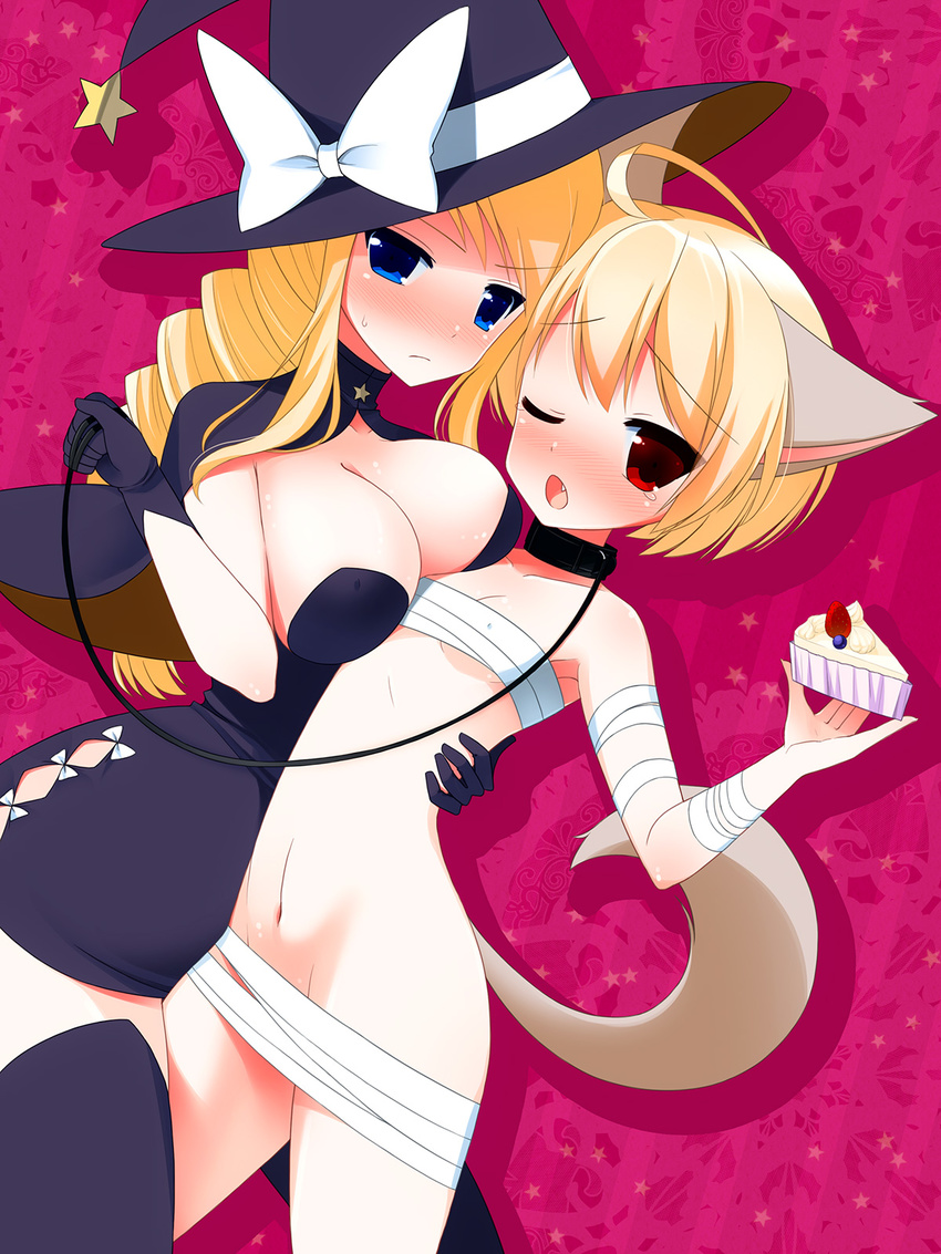 1boy 1girl agrias_oaks ahoge animal_ears bandage black_legwear blonde_hair blue_eyes blush braid breasts cadd_kiriyama cake cleavage collar fang femdom final_fantasy final_fantasy_tactics food frown gloves halloween hat highres large_breasts leash long_hair navel open_mouth ramza_beoulve ribbon short_hair shota star straight_shota tail thighhighs trap wink witch witch_hat wolf_ears wolf_tail