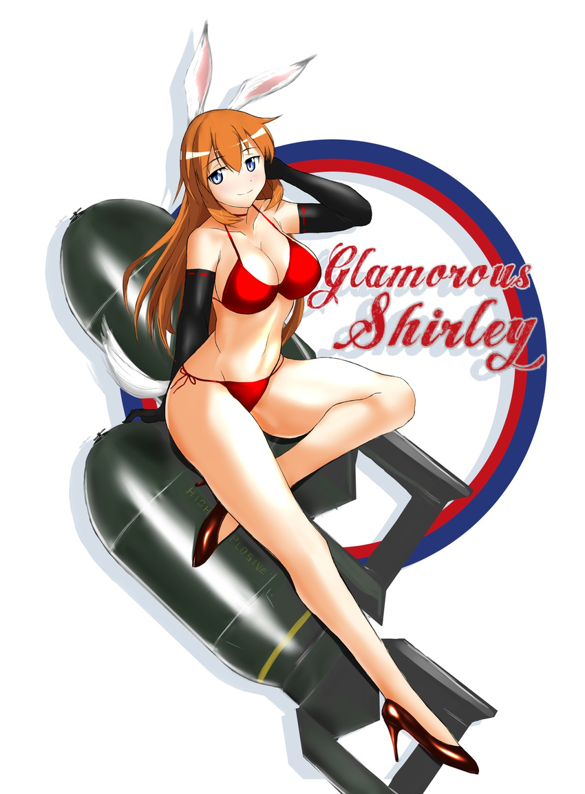 adjusting_hair aegis_(nerocc) animal_ears bikini blue_eyes blush bomb breasts bunny_ears charlotte_e_yeager cleavage elbow_gloves gloves high_heels highres large_breasts legs long_legs nose_art red_bikini shoes side-tie_bikini smile strike_witches swimsuit tail thighs world_witches_series