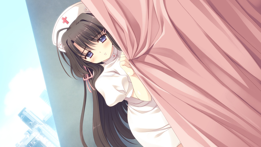 black_hair blue_eyes curtain_grab curtains game_cg hananomiya_mizuho hat long_hair nishimata_aoi non-web_source nurse nurse_cap ribbon tsuki_ni_yorisou_otome_no_sahou