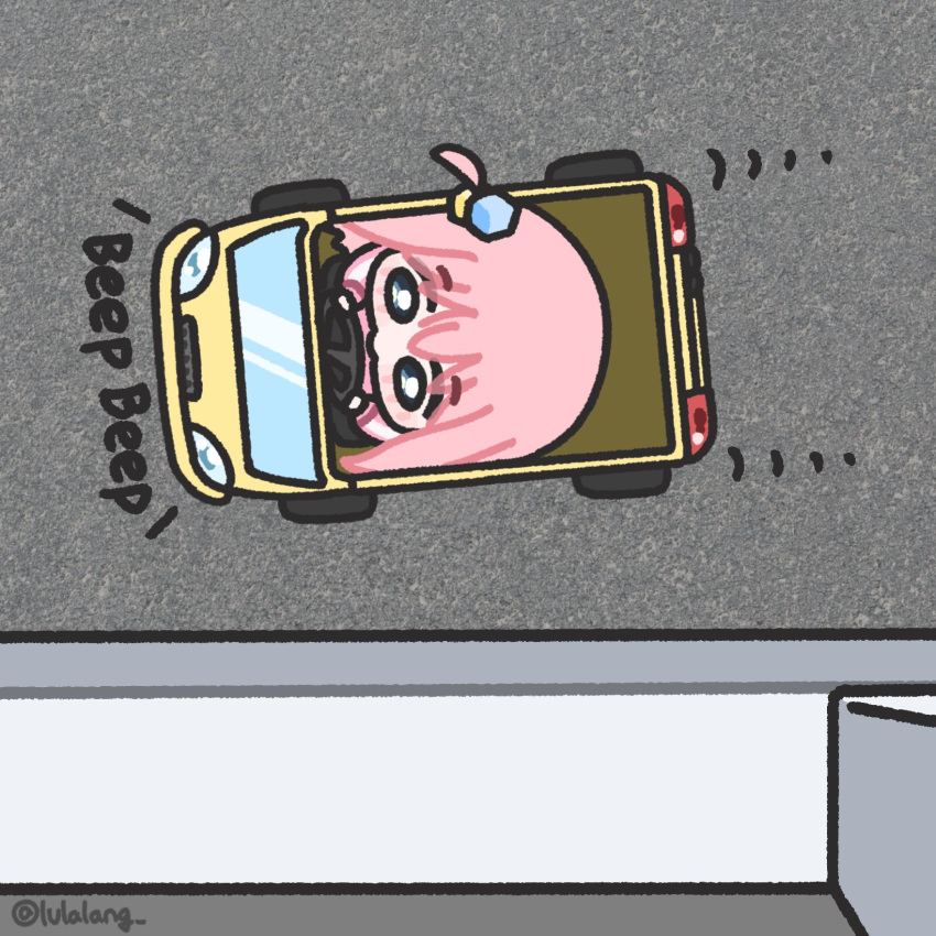 1girl blue_eyes bocchi_the_rock! chibi chibi_only cube_hair_ornament drive-thru driving from_above full_body gotoh_hitori hair_ornament highres long_hair lulalang one_side_up outdoors pink_hair solo toy_car twitter_username