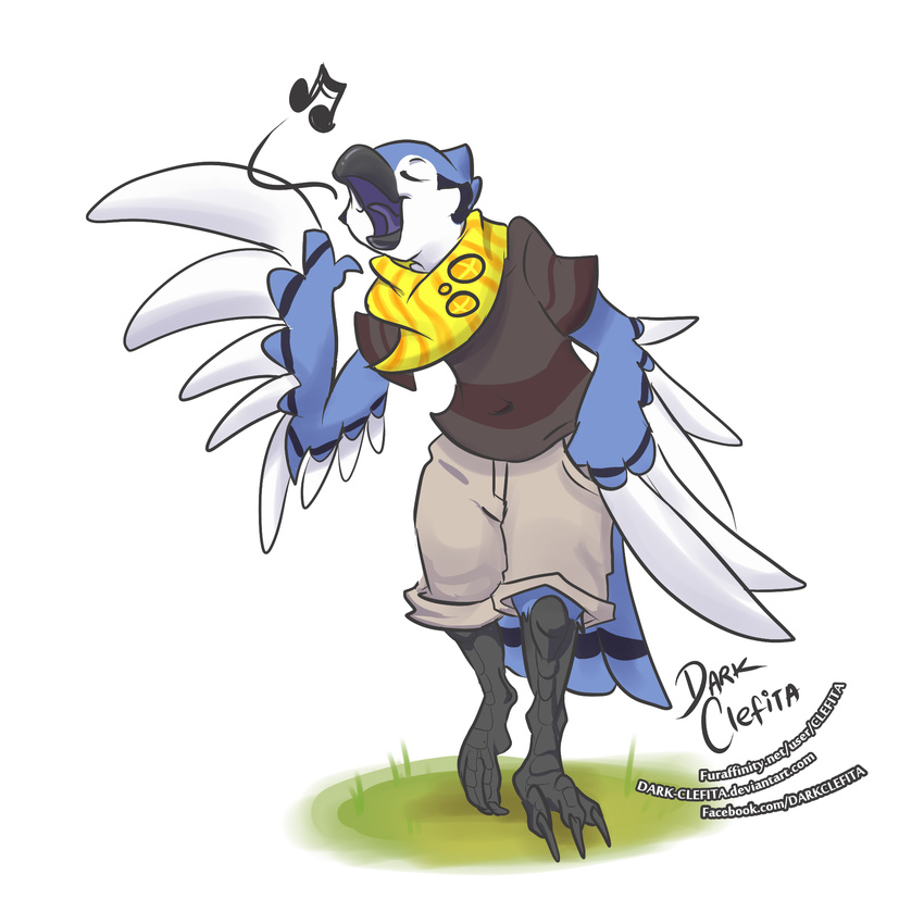 anthro avian bandanna bird blue blue_body blue_feathers blue_jay clothed clothing dark_clefita eyes_closed feathers grass jay plain_background riley riley_(blue_jay) shorts signature singing sings solo talons tomboy tongue white_background winged_arms wings