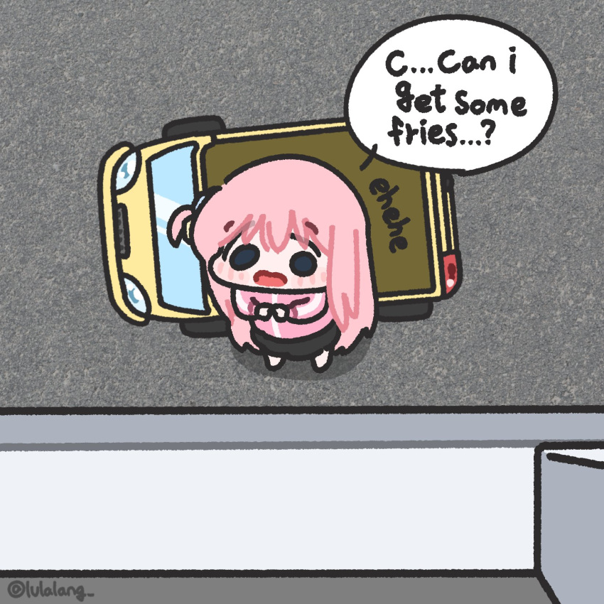 1girl blue_eyes bocchi_the_rock! chibi chibi_only drive-thru english_text from_above full_body gotoh_hitori hair_ornament highres long_hair looking_at_viewer lulalang one_side_up open_mouth own_hands_together pink_hair solo speech_bubble standing talking toy_car twitter_username