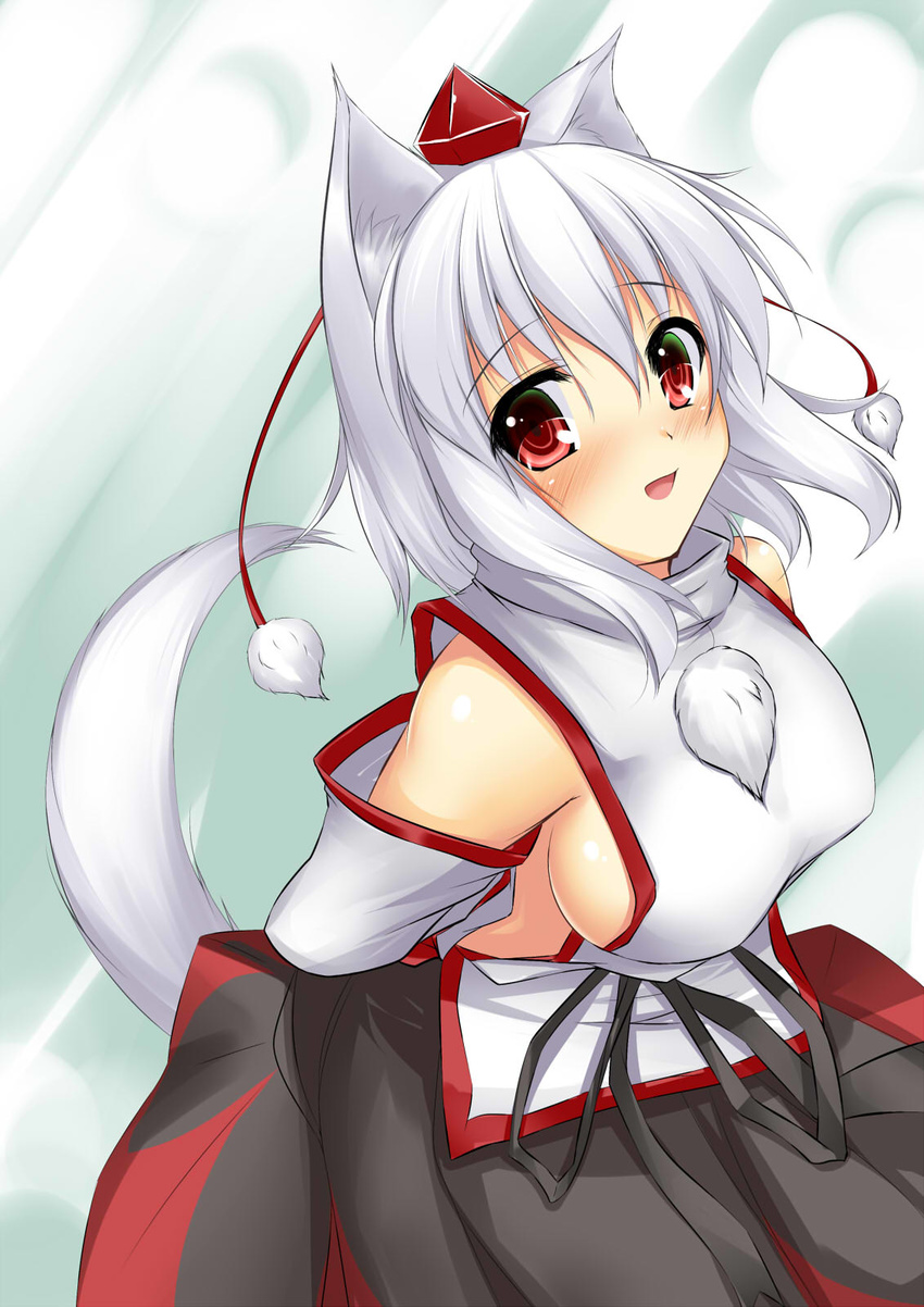 animal_ears arms_behind_back bare_shoulders blush breasts detached_sleeves hat highres hoshizuki_(seigetsu) inubashiri_momiji large_breasts looking_at_viewer no_bra red_eyes short_hair sideboob silver_hair solo tail tokin_hat touhou upper_body wolf_ears wolf_tail