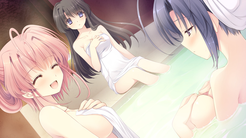 2girls :d bath black_hair blue_eyes breasts closed_eyes covering dutch_angle game_cg hair_up hananomiya_mizuho kokura_asahi long_hair medium_breasts multiple_girls naked_towel nishimata_aoi non-web_source nude nude_cover onsen ookura_yuusei open_mouth otoko_no_ko pink_hair purple_eyes sideboob smile steam suzuhira_hiro towel tsuki_ni_yorisou_otome_no_sahou water yanagase_minato