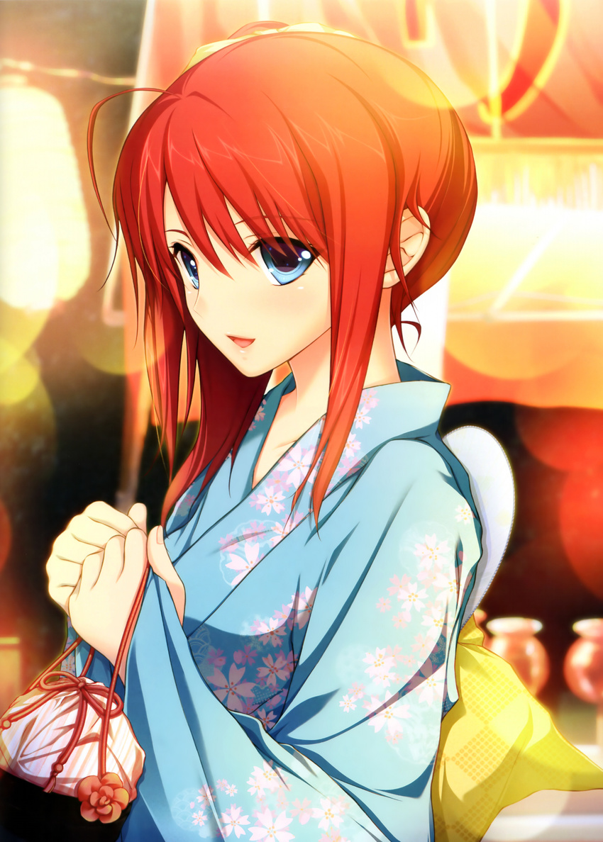 absurdres ahoge akino_subaru blue_eyes blue_kimono bow collarbone eyebrows_visible_through_hair festival hair_bow hair_ribbon hatsukoi_1/1 highres japanese_clothes kimono long_hair looking_at_viewer open_mouth outdoors red_hair ribbon simple_background solo standing tsukishima_kyou upper_body yellow_ribbon yukata