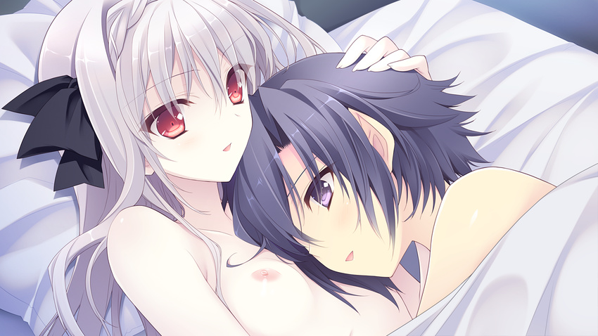 1girl androgynous bed_sheet black_hair bow breasts couple game_cg grey_hair hair_bow hetero kokura_asahi long_hair lying nipples non-web_source nude ookura_yuusei open_mouth purple_eyes red_eyes ribbon sakurakouji_luna small_breasts suzuhira_hiro tsuki_ni_yorisou_otome_no_sahou under_covers