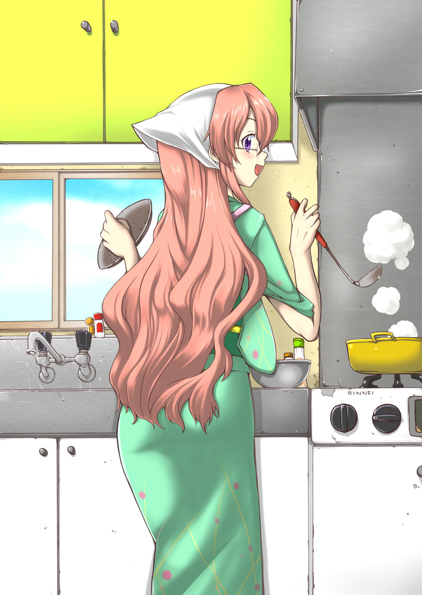 apron blush cooking from_behind glasses head_scarf highres housewife japanese_clothes kimono kitchen ladle long_hair looking_back lucky_star open_mouth pink_hair purple_eyes smile solo steam stove takara_miyuki tenugui window y-square