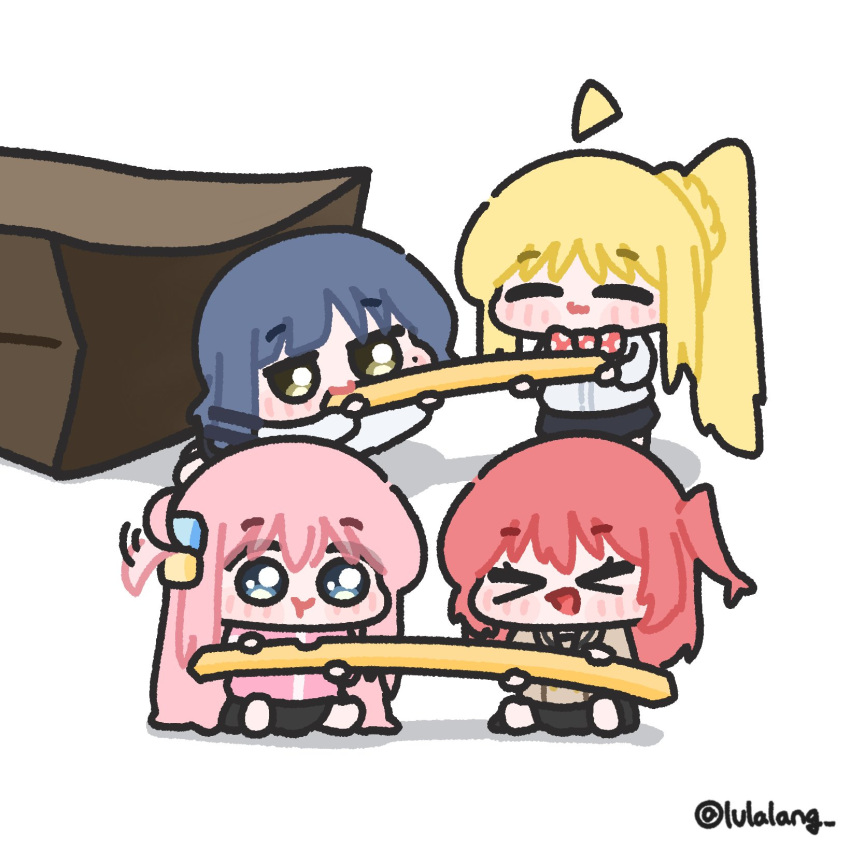 >_< 4girls bag black_skirt blonde_hair blue_eyes blue_hair bocchi_the_rock! chibi chibi_only closed_eyes closed_mouth cube_hair_ornament eating food french_fries gotoh_hitori green_eyes hair_ornament hair_wagging happy highres holding holding_food ijichi_nijika jacket kita_ikuyo long_hair lulalang mole mole_under_mouth multiple_girls one_side_up open_mouth paper_bag pink_hair pink_jacket red_hair shirt simple_background sitting skirt smile solo twitter_username white_background white_shirt yamada_ryo