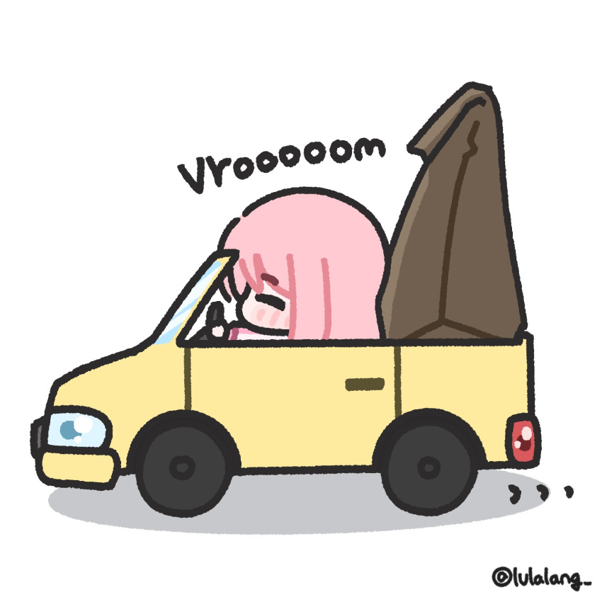 1girl bag bocchi_the_rock! chibi chibi_only closed_eyes driving from_side full_body gotoh_hitori hair_ornament highres holding holding_bag long_hair lulalang paper_bag pink_hair simple_background solo standing toy_car twitter_username white_background