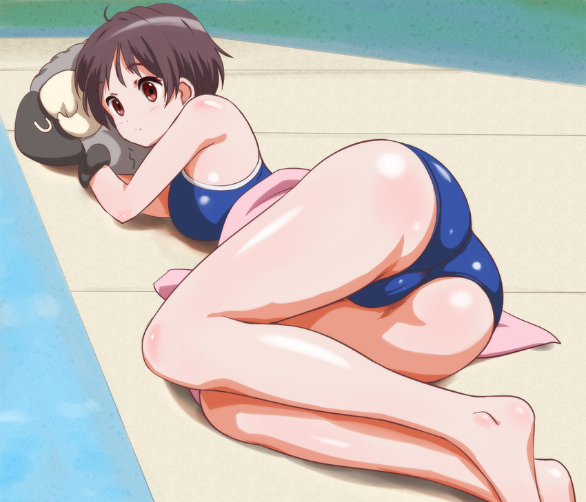 ass bare_shoulders barefoot brown_hair chuunibyou_demo_koi_ga_shitai! competition_school_swimsuit highres lying on_side one-piece_swimsuit pool poolside rasukaru red_eyes short_hair solo stuffed_animal stuffed_sheep stuffed_toy swimsuit towel tsuyuri_kumin