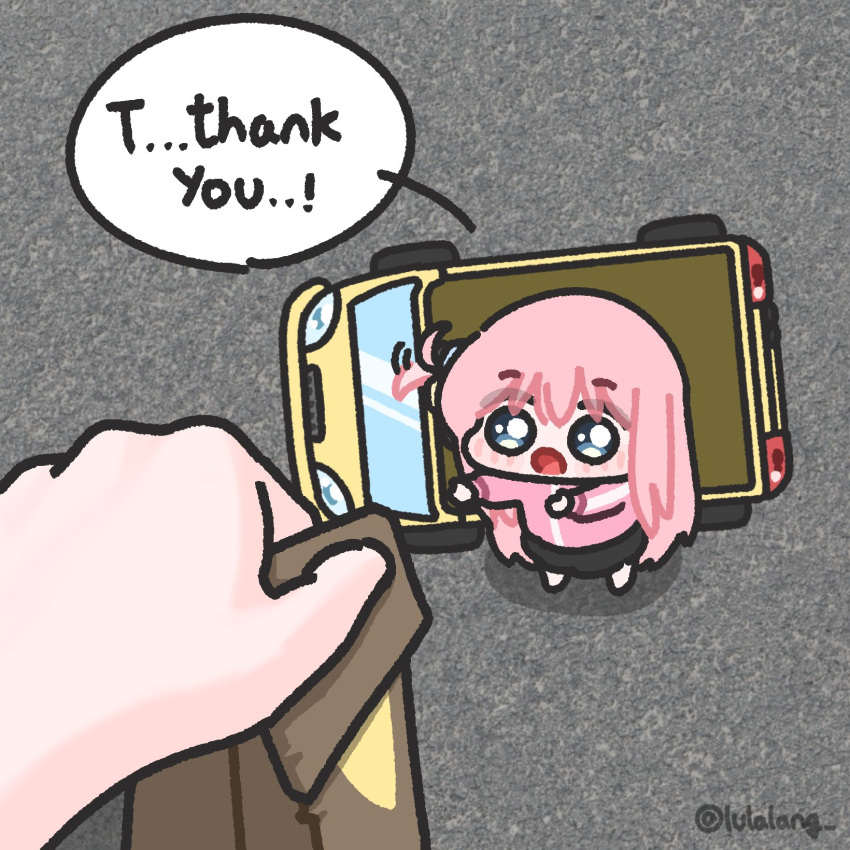 1girl bag blue_eyes bocchi_the_rock! chibi drive-thru english_text from_above full_body gotoh_hitori hair_ornament hair_wagging highres holding holding_bag long_hair looking_at_viewer lulalang one_side_up open_mouth paper_bag pink_hair pov pov_hands solo_focus speech_bubble standing talking toy_car twitter_username